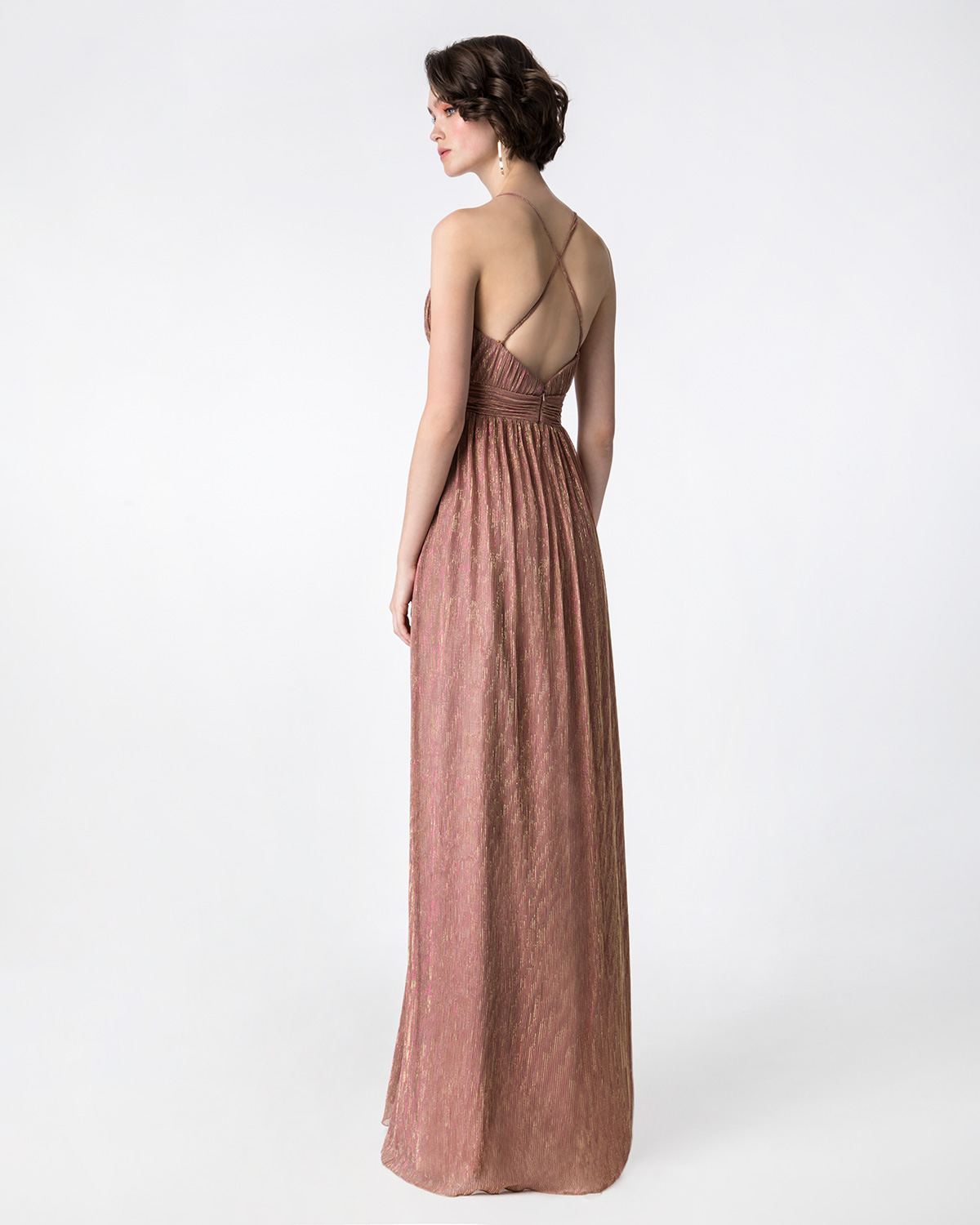 Μακρύ φόρεμα πλισέ από lurex με ντραπέ ζώνη και μπούστο