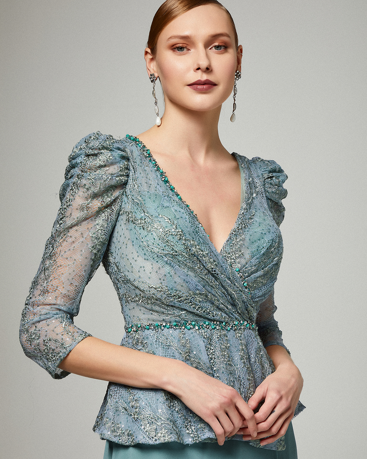 Long evening dress with lace top and long sleeves for the mother of the bride