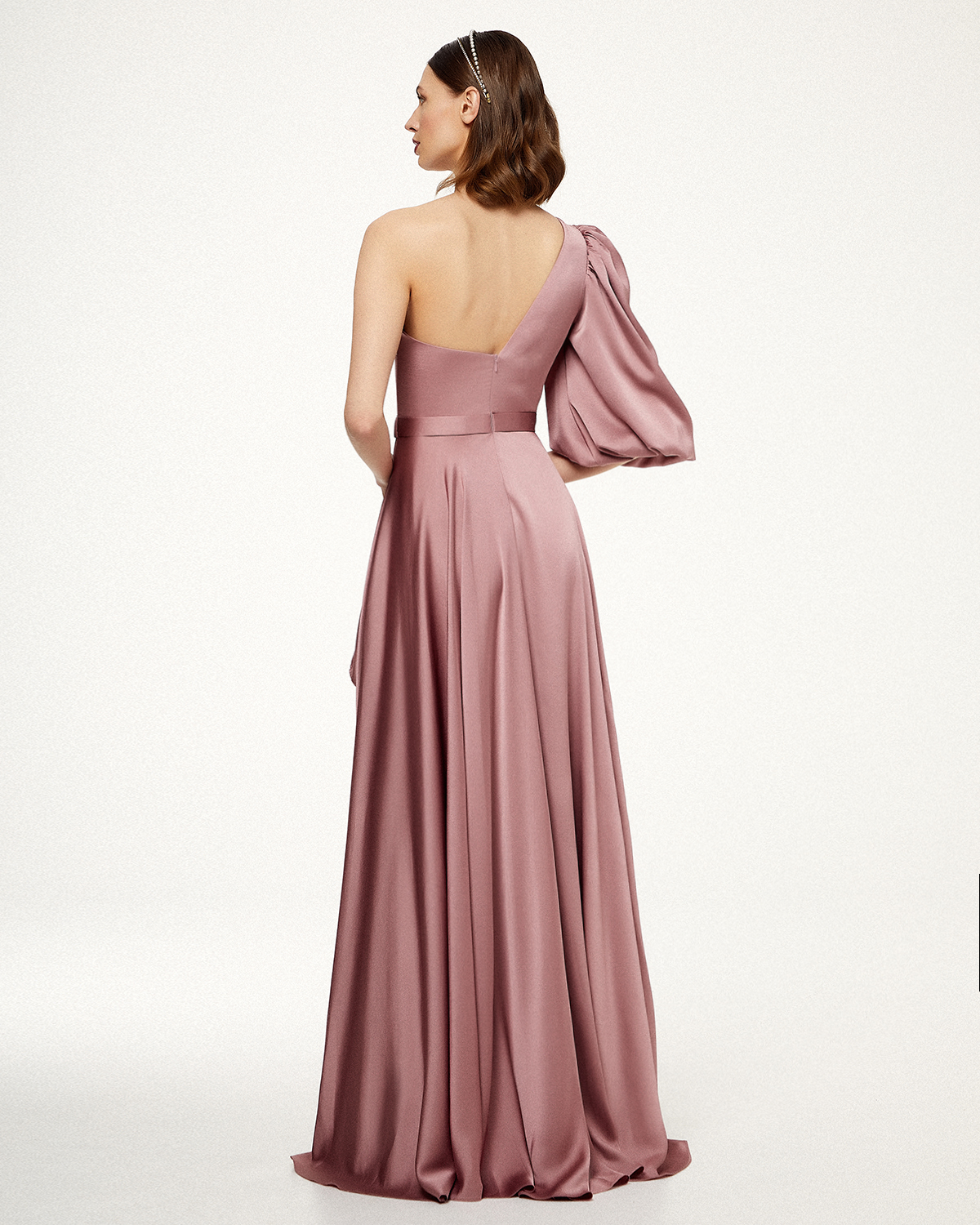 Cocktail Dresses / Cocktail long satin dress with one sleeve