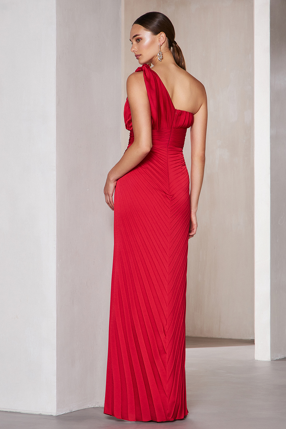 One shoulder long cocktail pleated dress