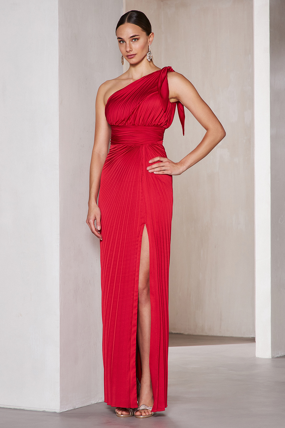 One shoulder long cocktail pleated dress
