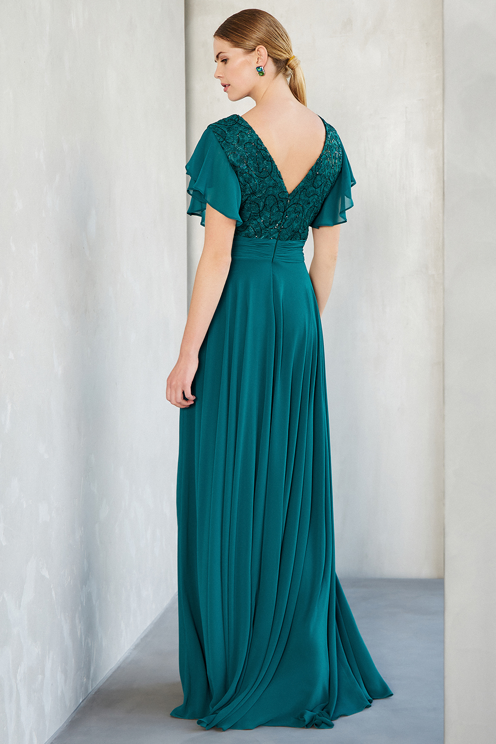 Long evening chiffon dress with lace and beading at the top
