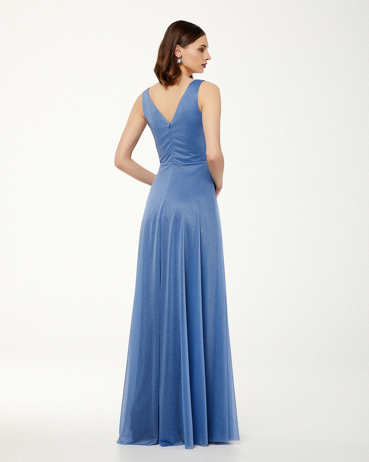 Long cocktail dress with shining fabric and straps