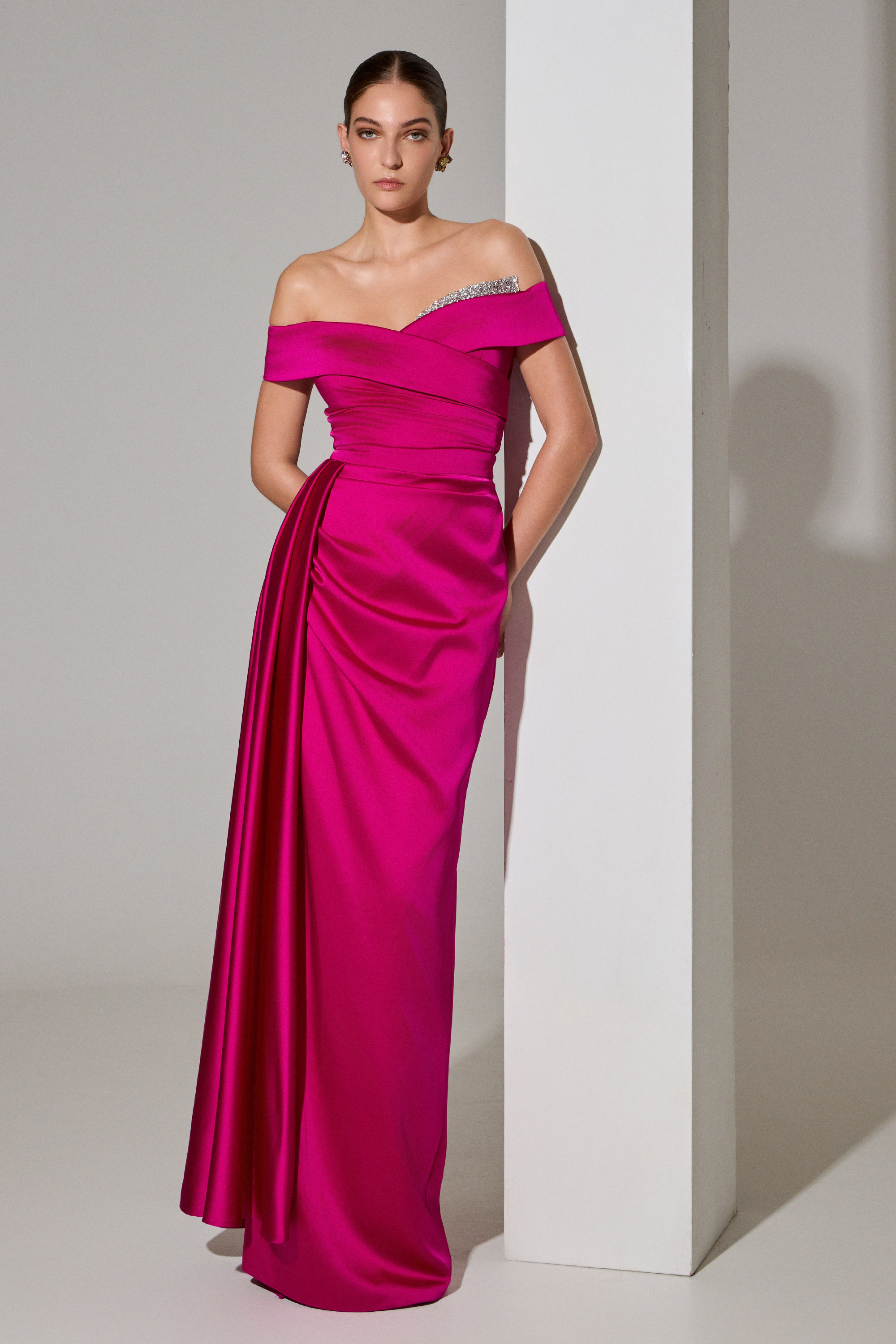 Evening Dresses / Evening long satin dress with sleeves, embroidered top, and a slit