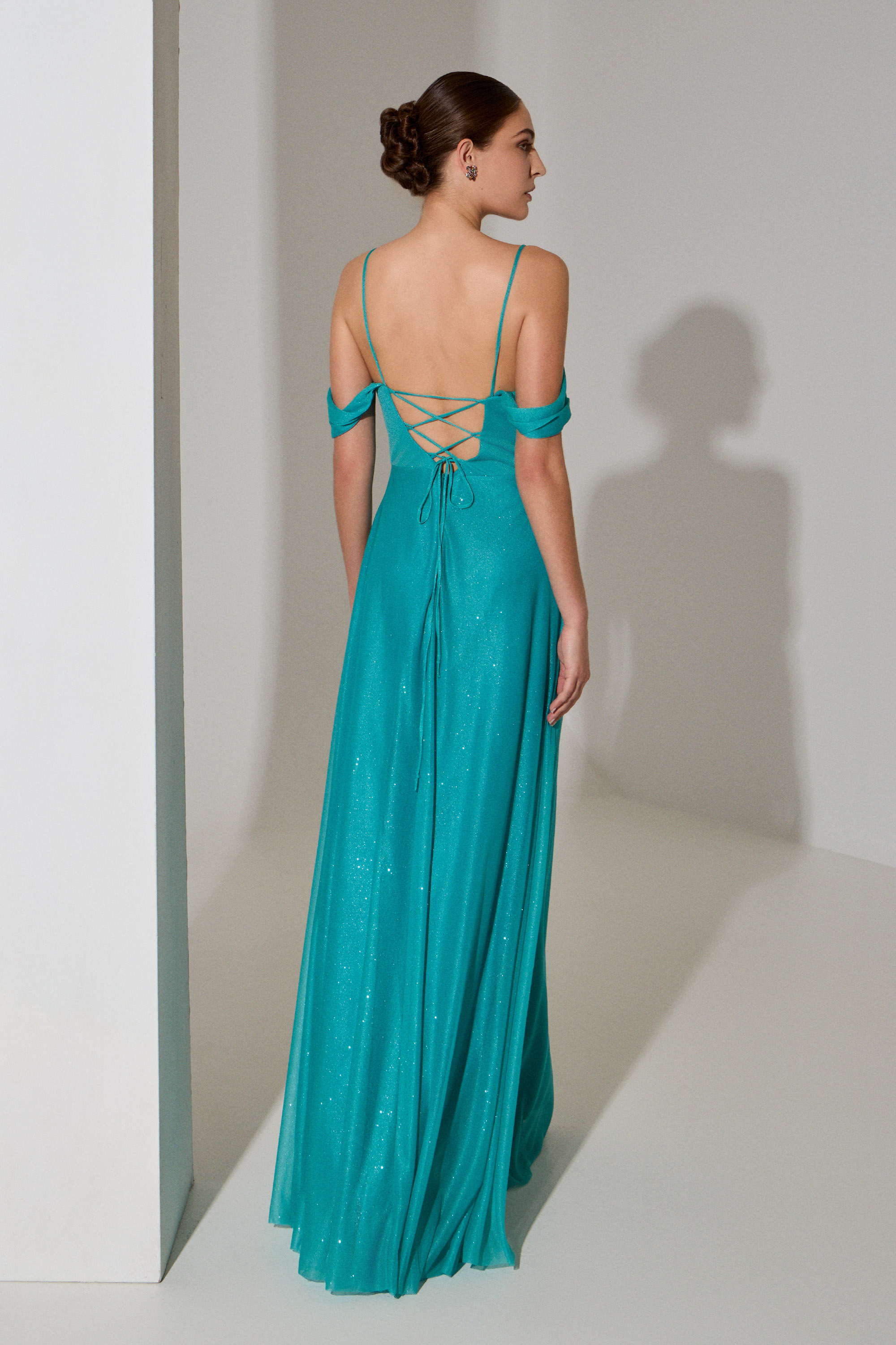 Evening Dresses / Evening long dress with low sleeves made of shiny fabric