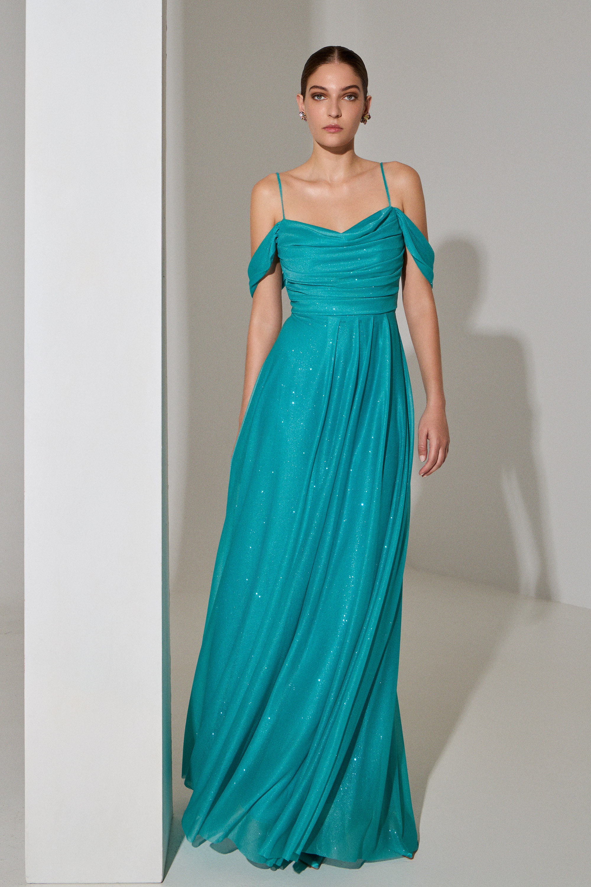 Evening Dresses / Evening long dress with low sleeves made of shiny fabric