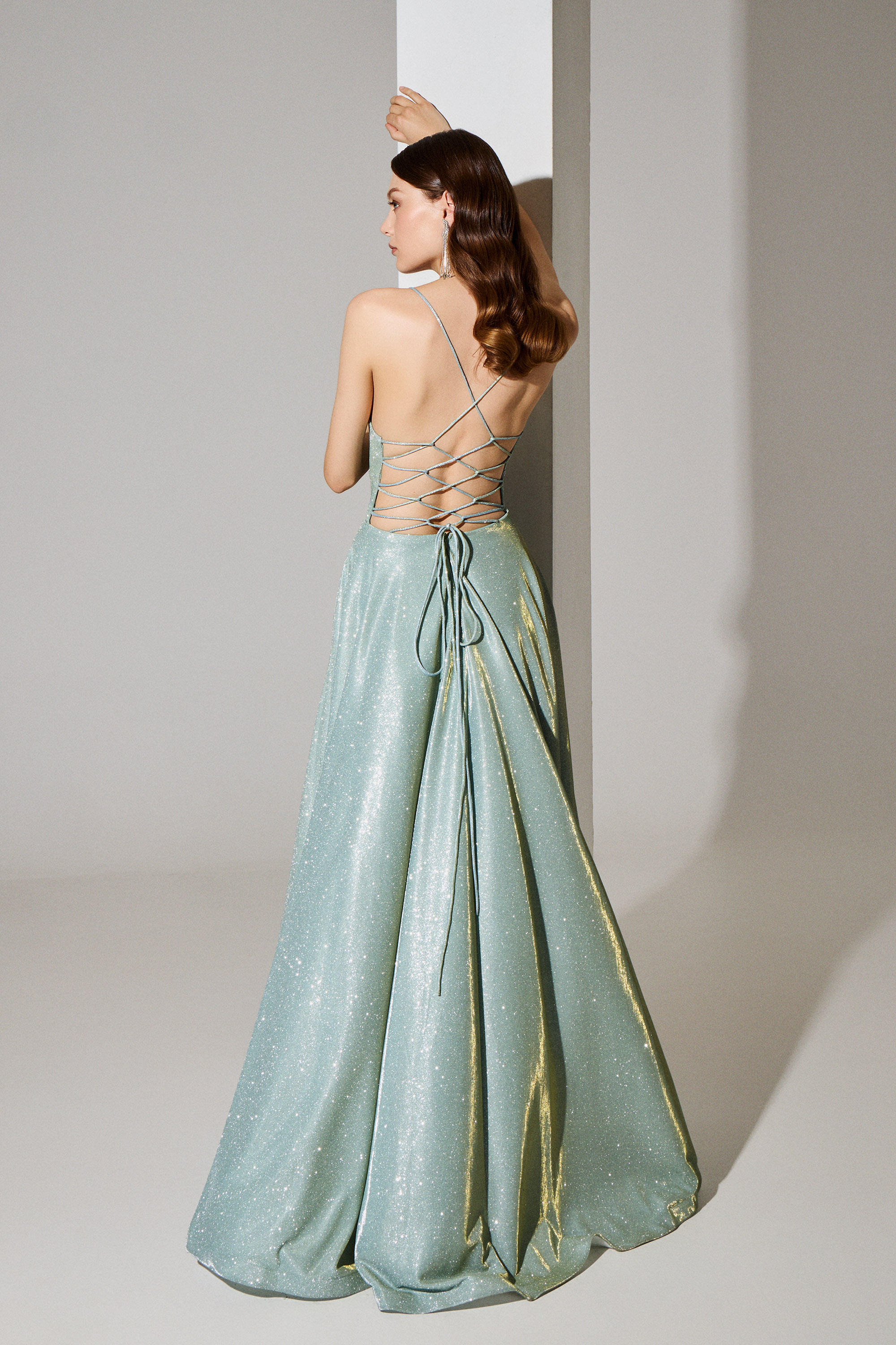 Evening Dresses / Evening long dress made of shiny fabric, backless