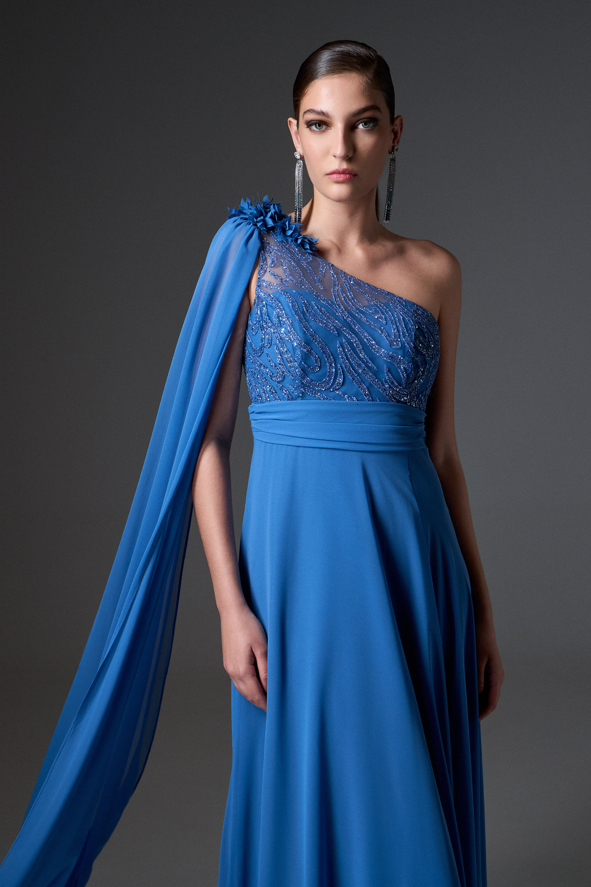 Red Carpet / Abito da sera lungo in chiffon con una spalla e top ricamato