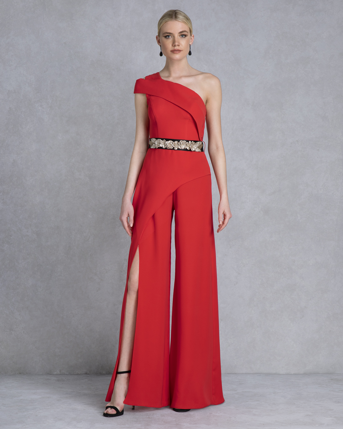 One shoulder evening jumpsuit with belt with flowers