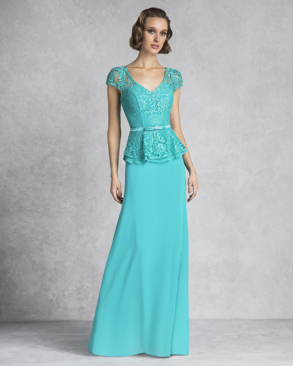 Long evening dress with lace top