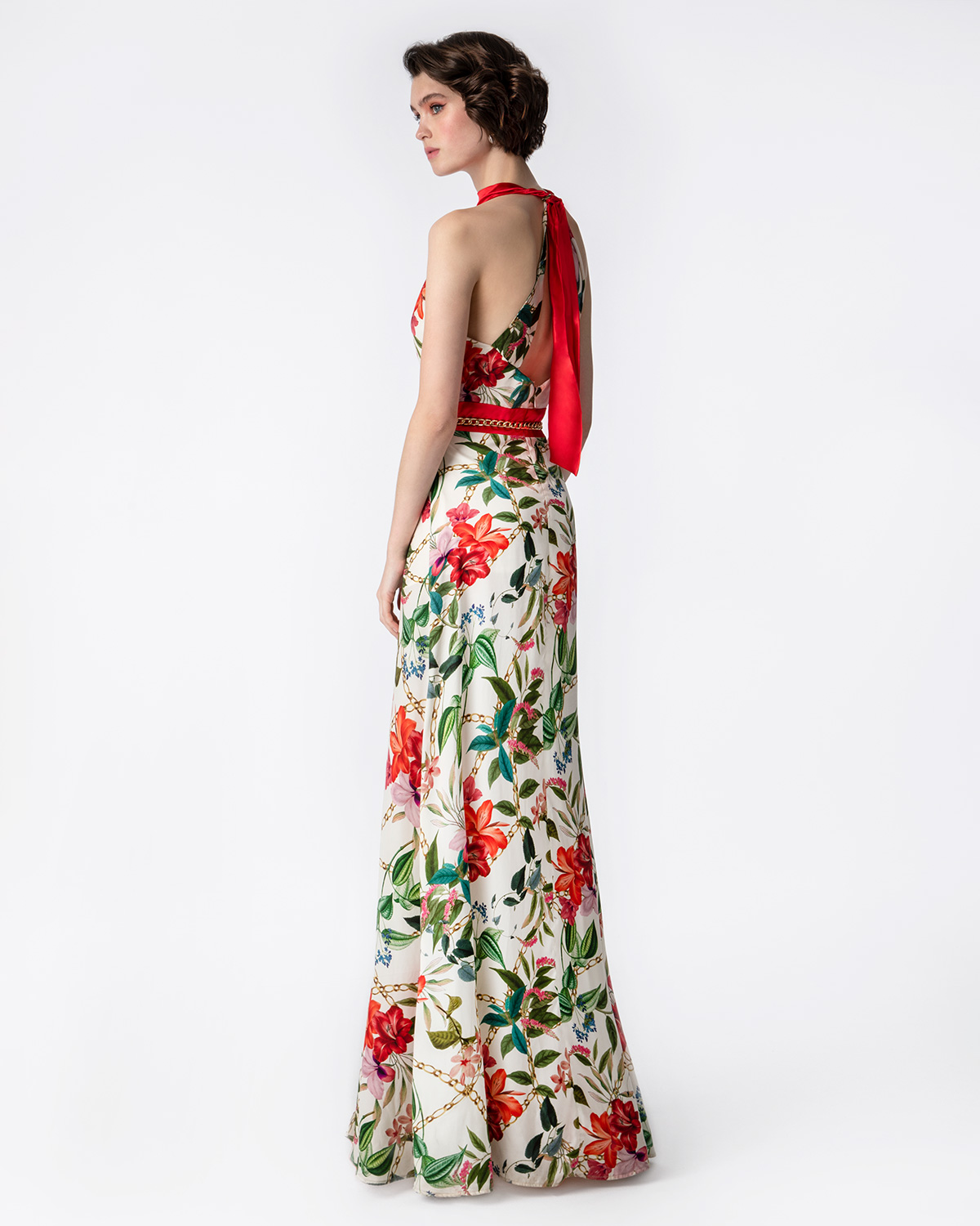 Long printed satin floral dress
