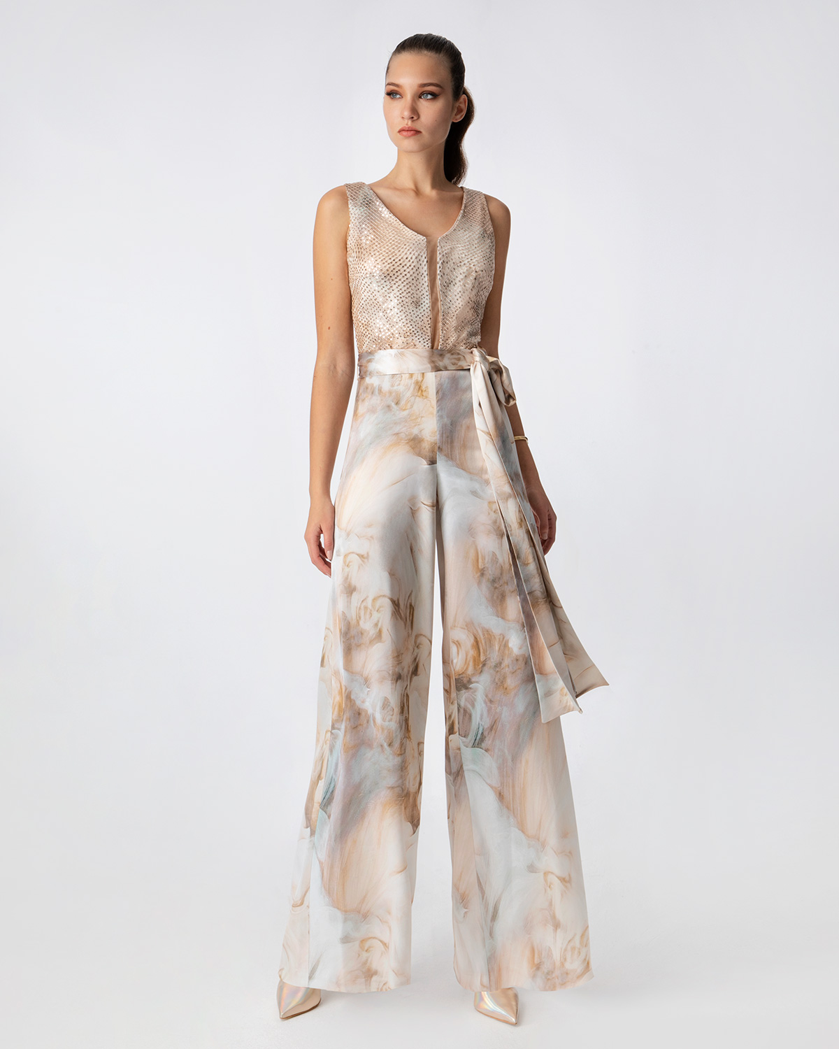 Cocktail Dresses / Printed satin jumpsuit with beading