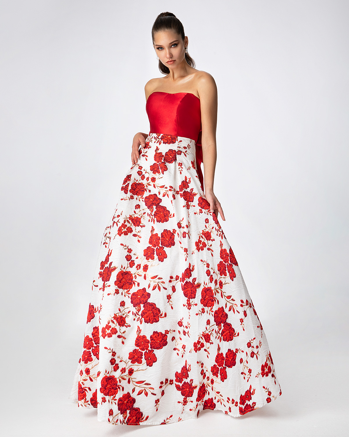 Cocktail Dresses / Long printed brocade skirt with solid color top and big bow in the back