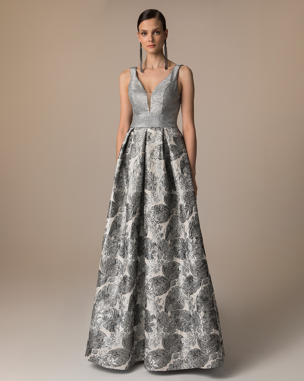 Long evening brocade dress with shining solid color top