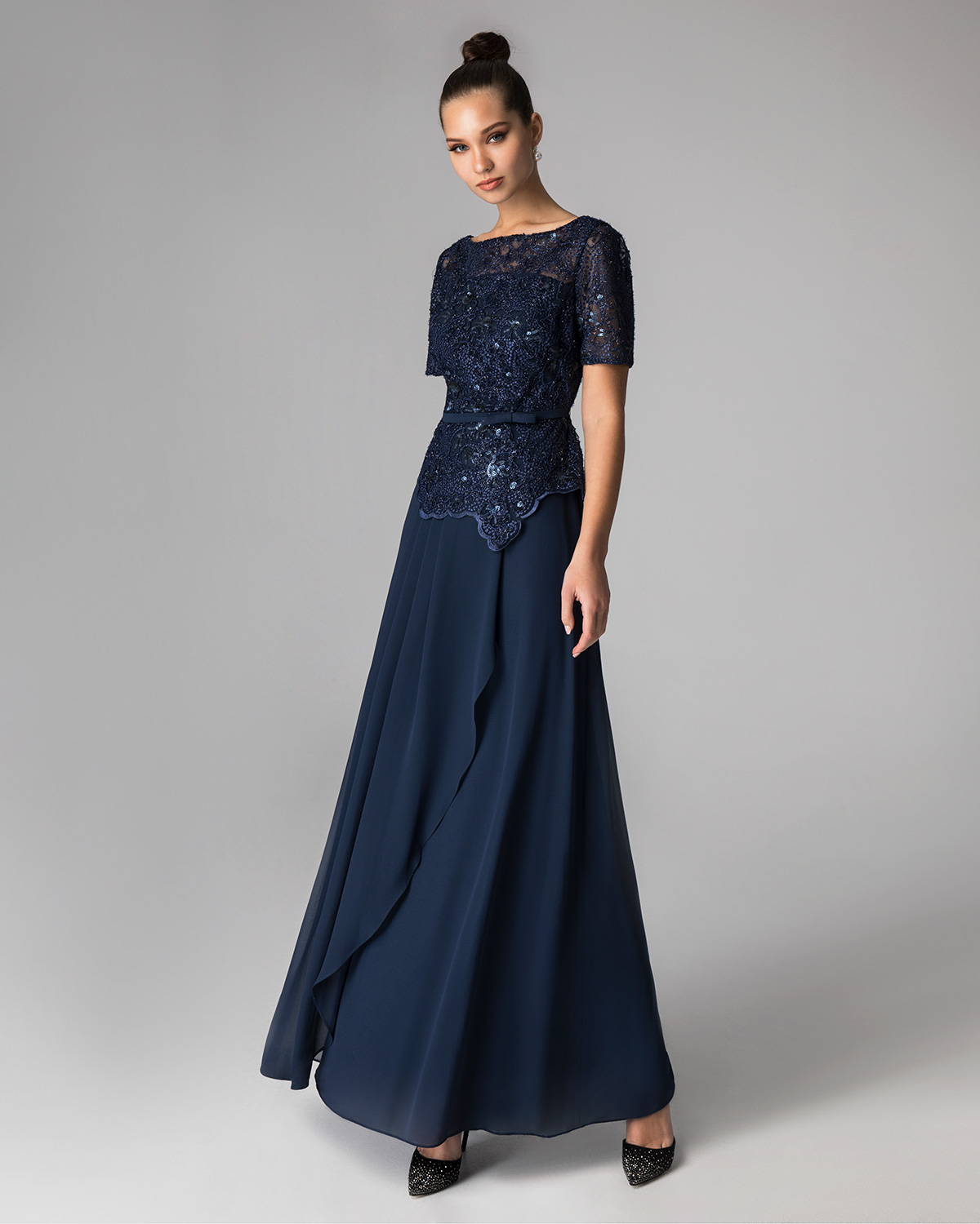 Long evening dress for mother of the bride  with lace top and short sleeves
