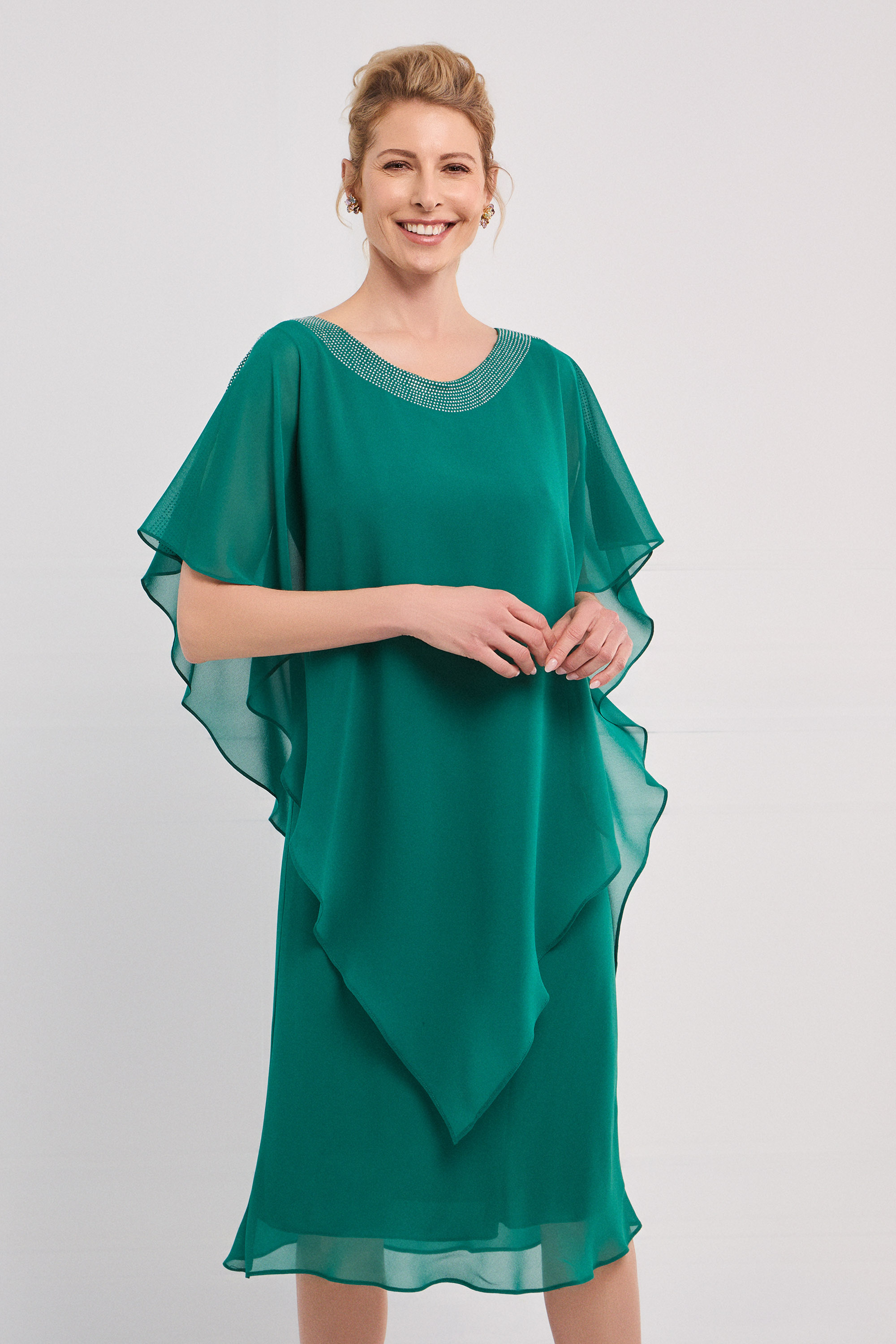 Classic Dresses / Classic short chiffon dress with embroidery on the neckline and sleeves