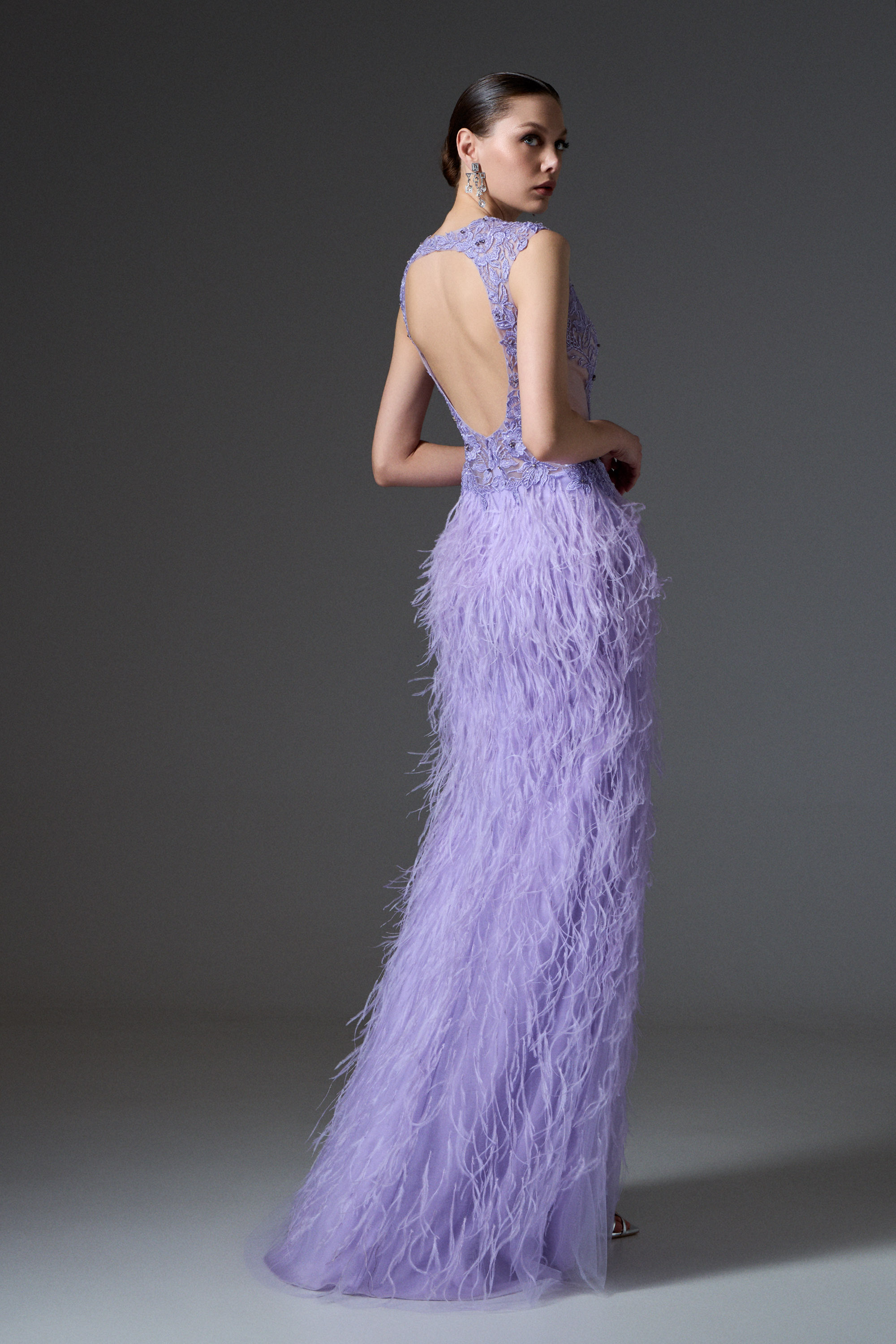 Red Carpet / Abito da sera lungo con schiena scoperta, top in pizzo ricamato e gonna con piume
