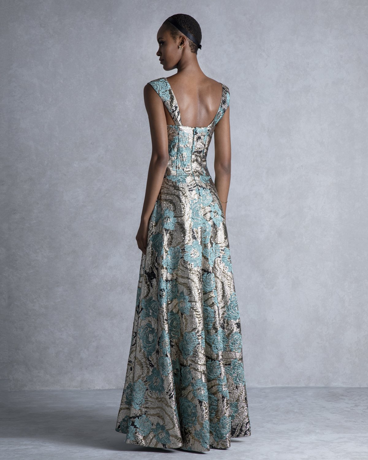 Long evening printed dress with shining brocade