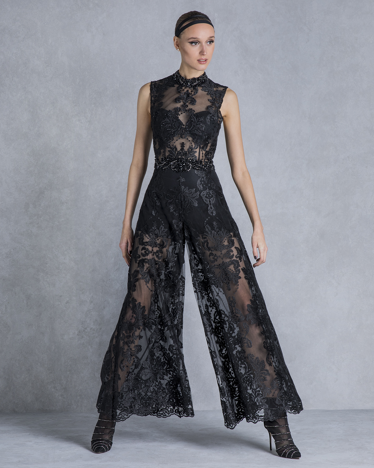 Evening Dresses / Lace evening jumpsuit with beading
