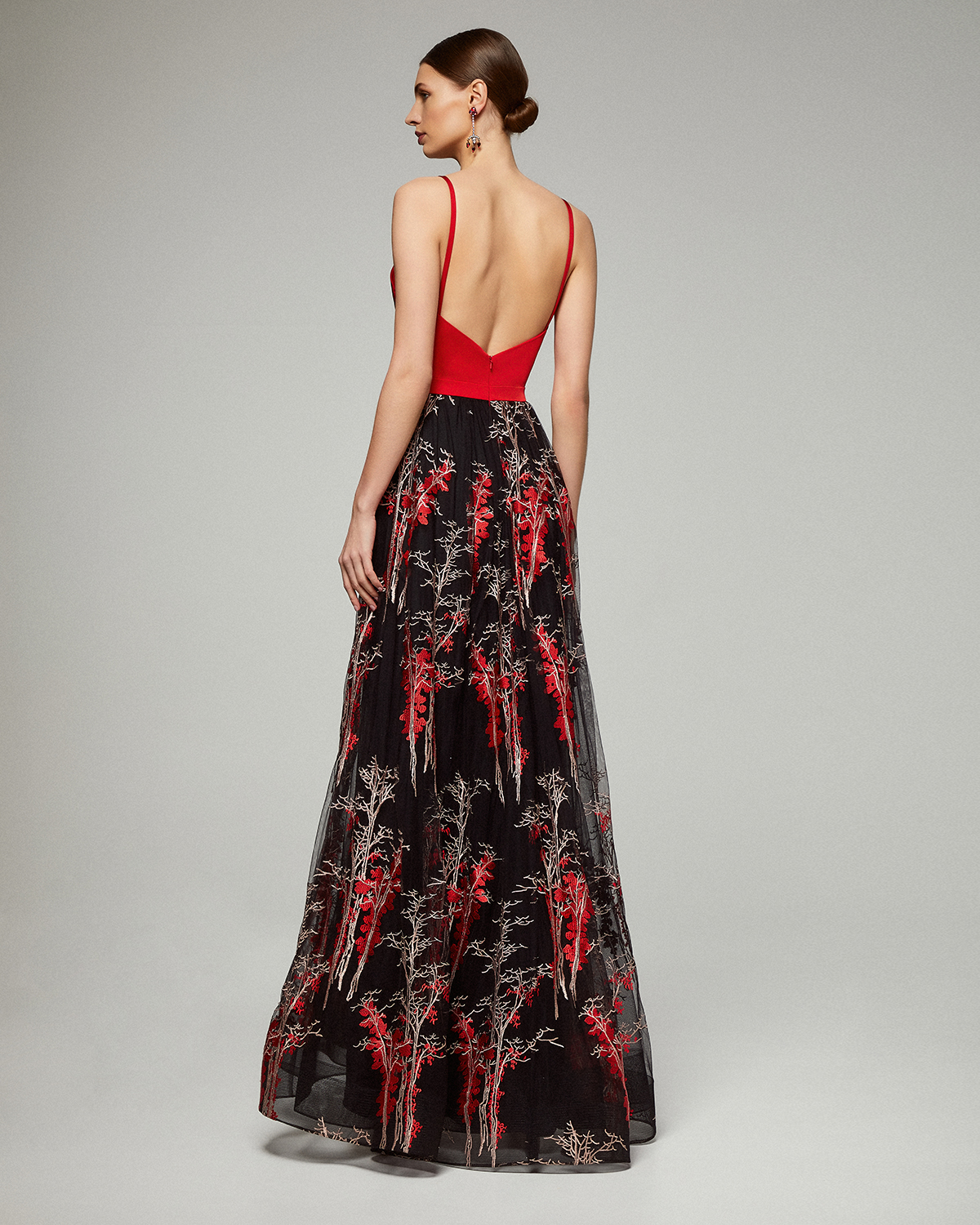 Long evening dress with printed skirt and solid top