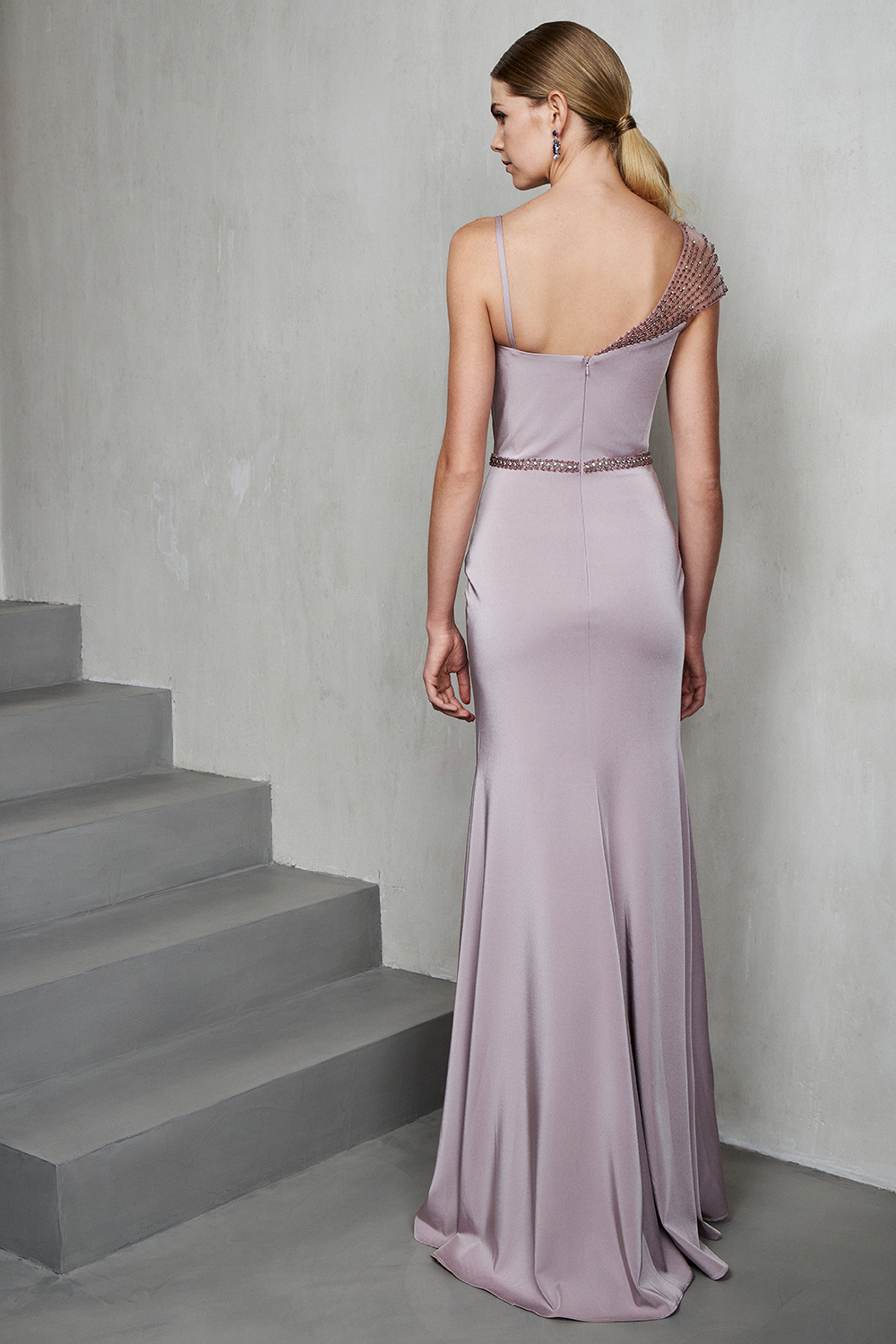One shoulder long evening satin dress with beading and bow at the shoulder