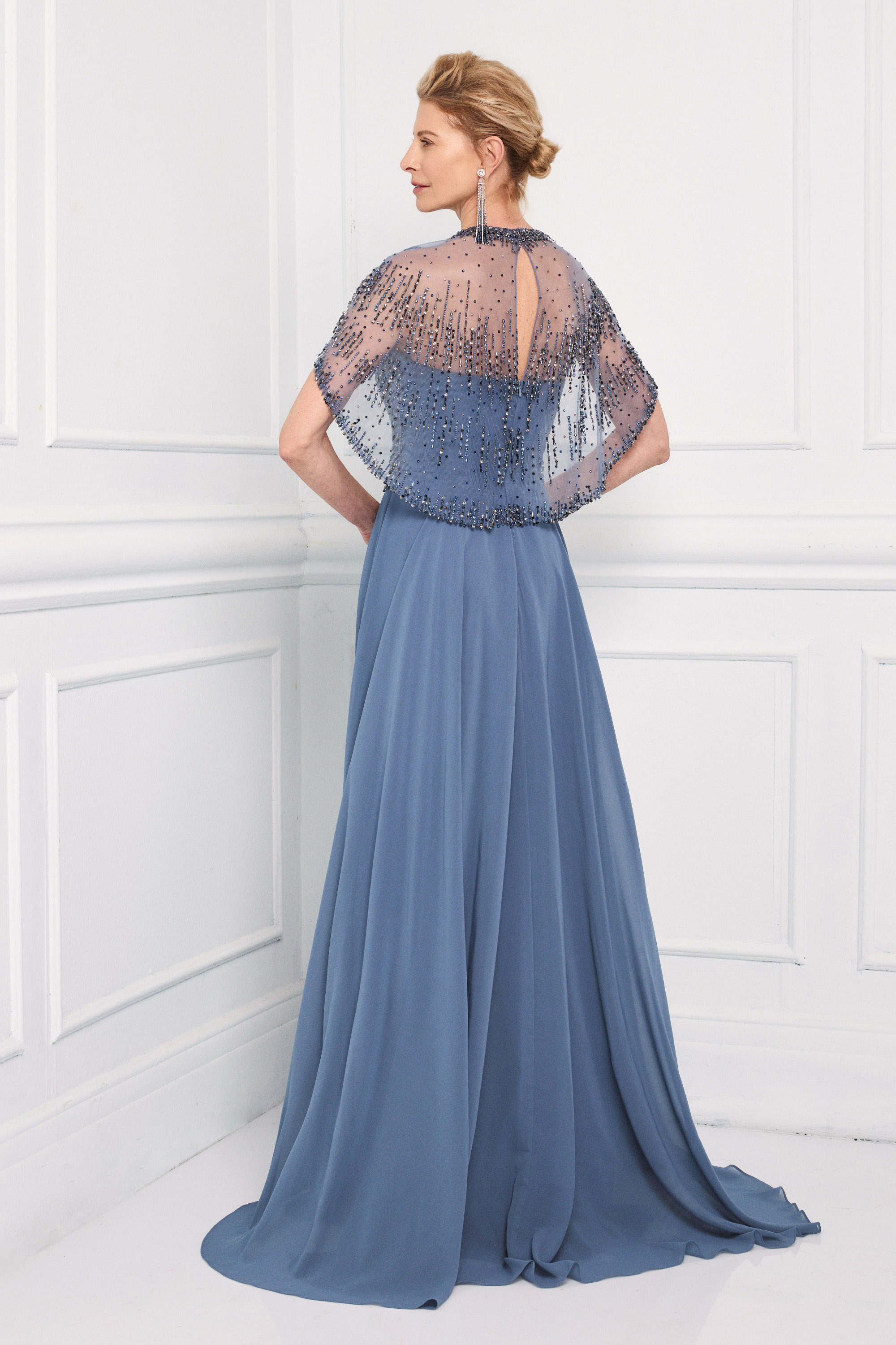 Classic Dresses / Classic long chiffon dress with fully embroidered top and fully embroidered cape