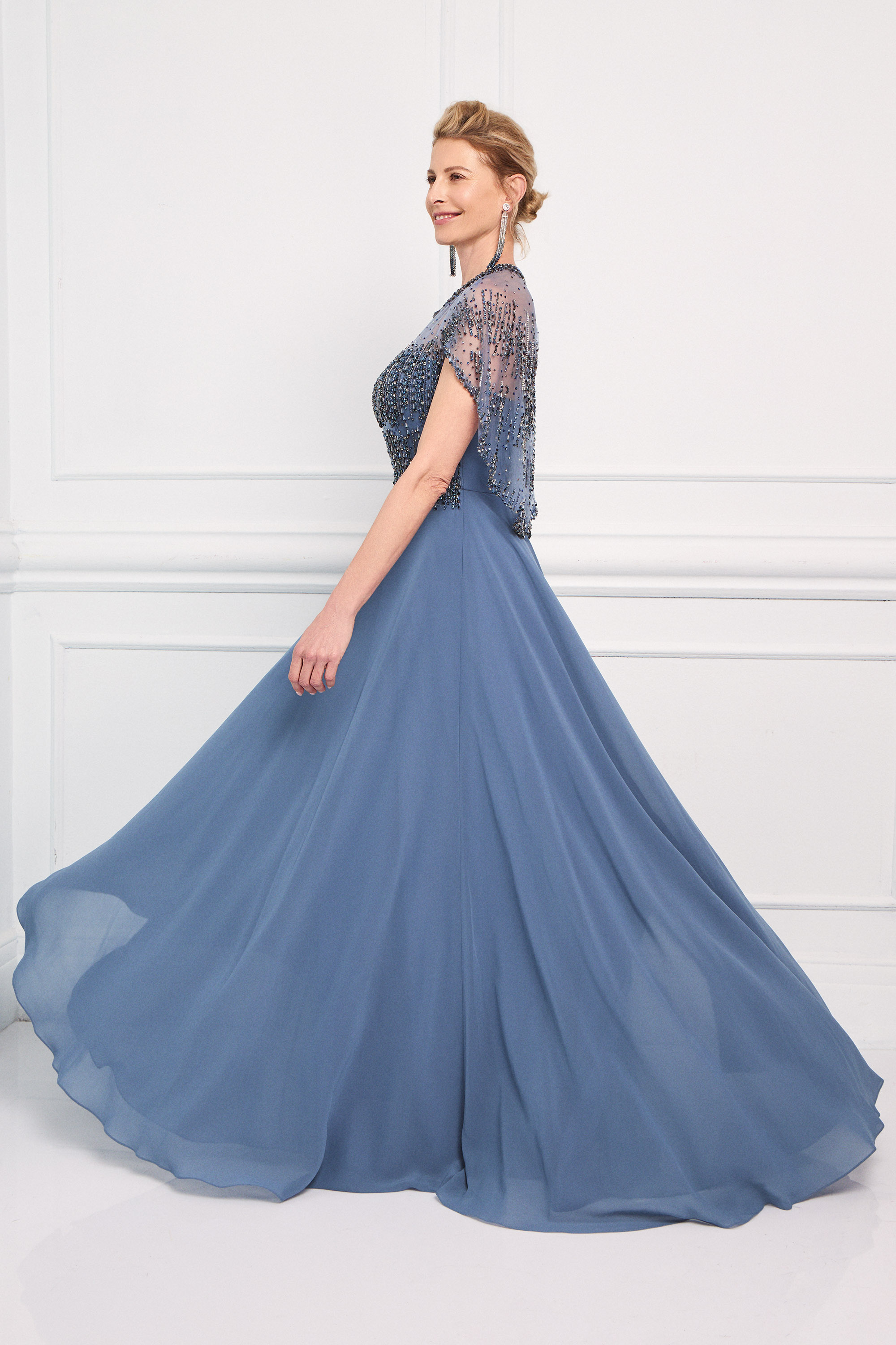 Classic Dresses / Classic long chiffon dress with fully embroidered top and fully embroidered cape
