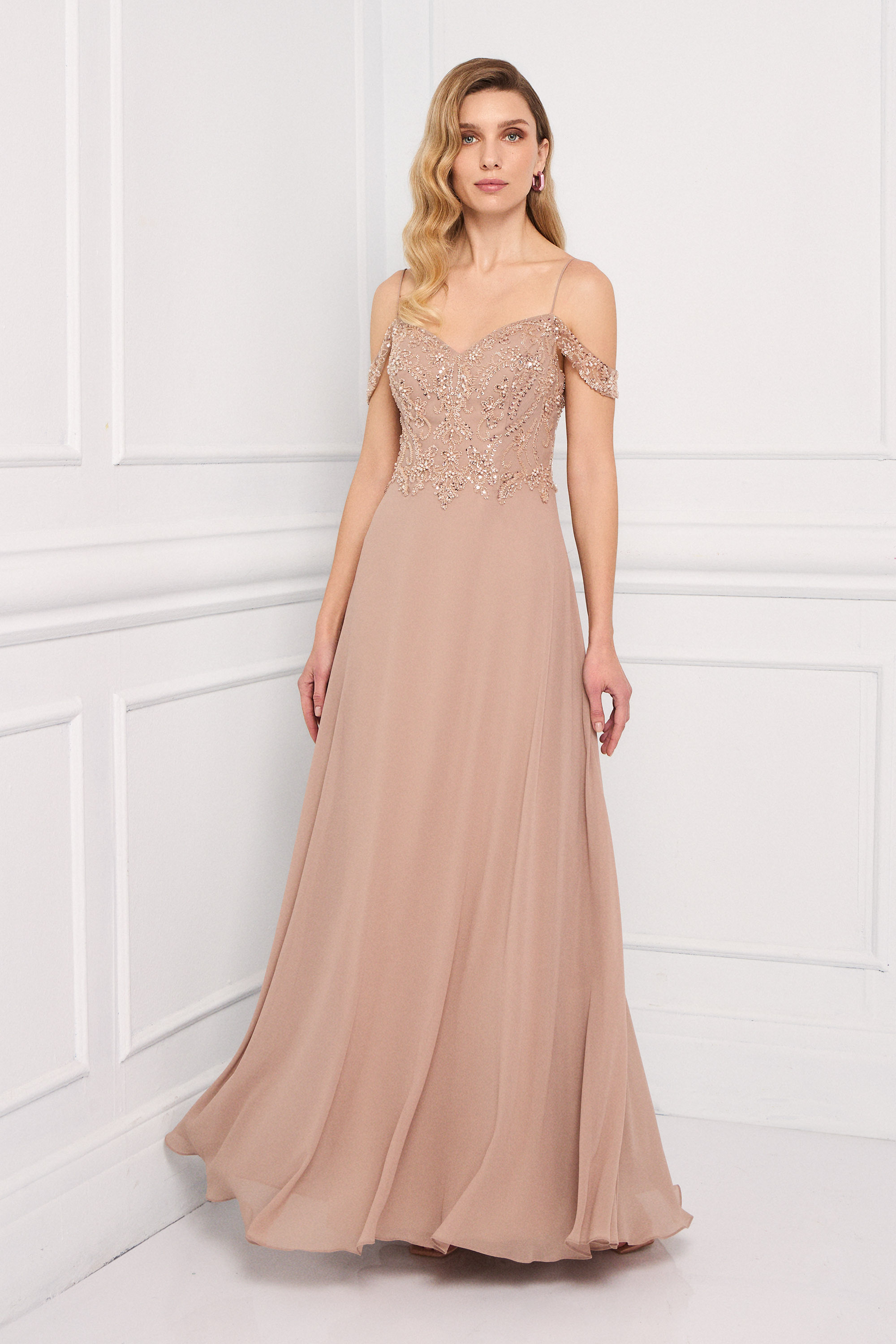 Classic Dresses / Classic long chiffon dress with fully embroidered top
