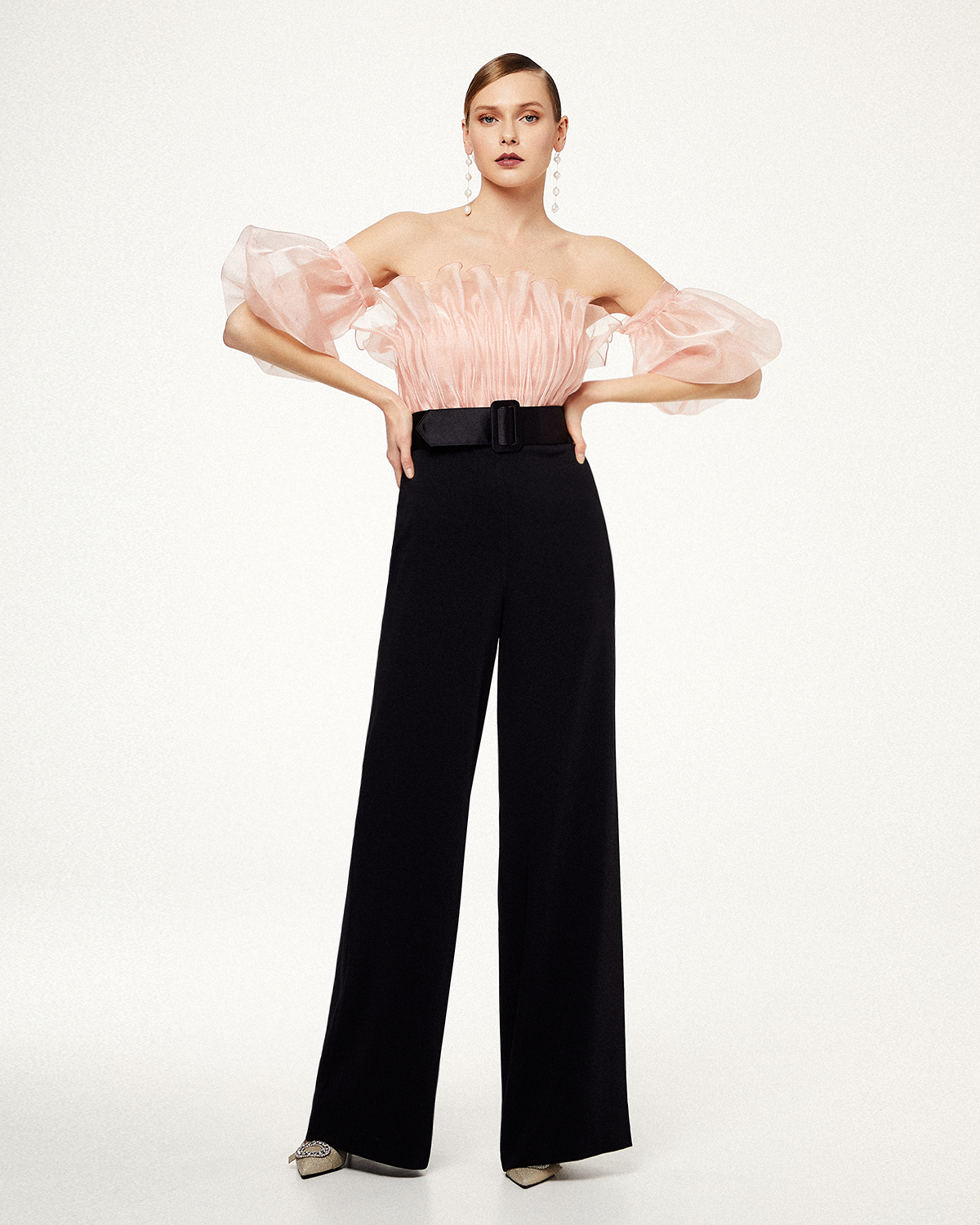Cocktail jumpsuit with organza top and belt