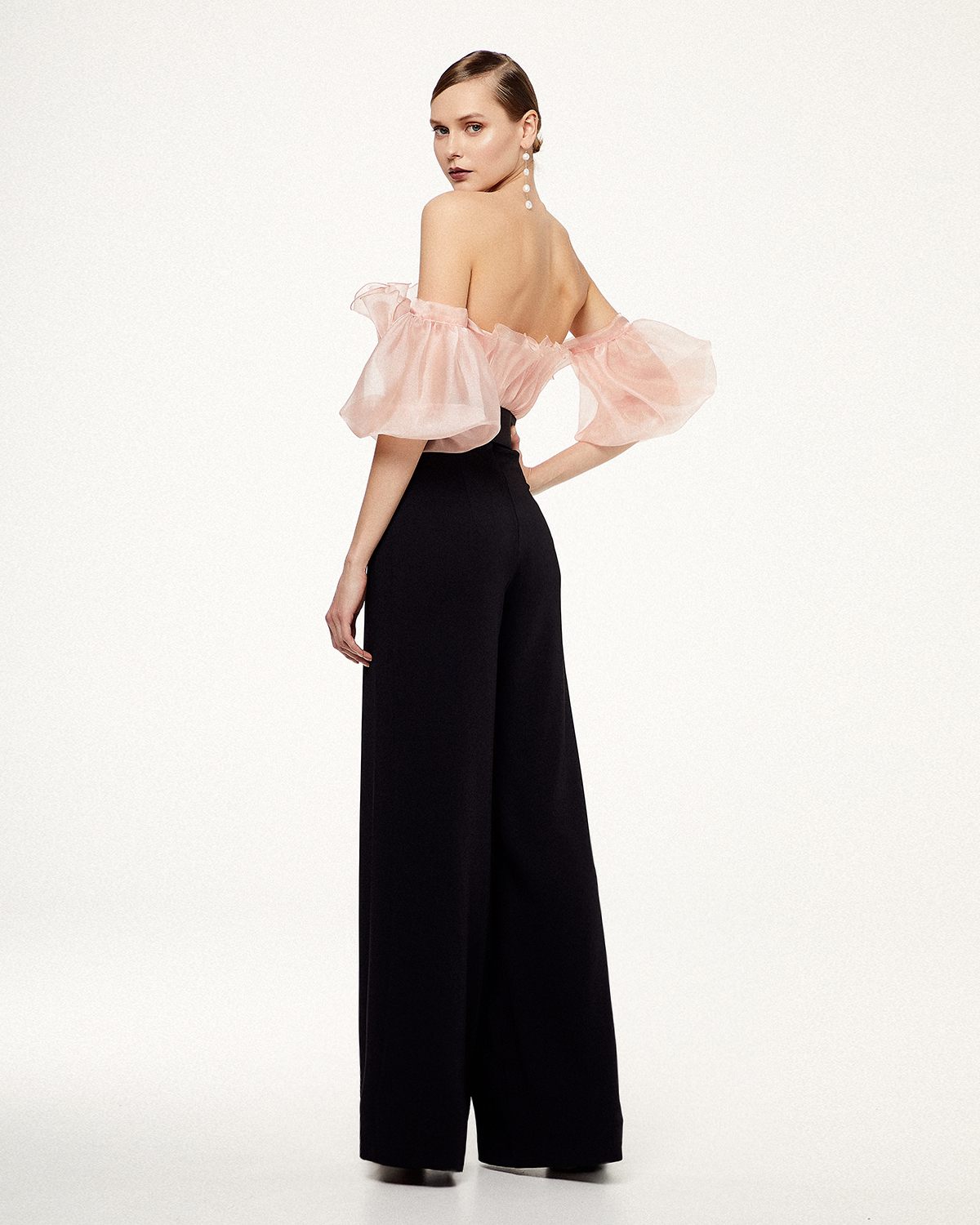 Cocktail jumpsuit with organza top and belt