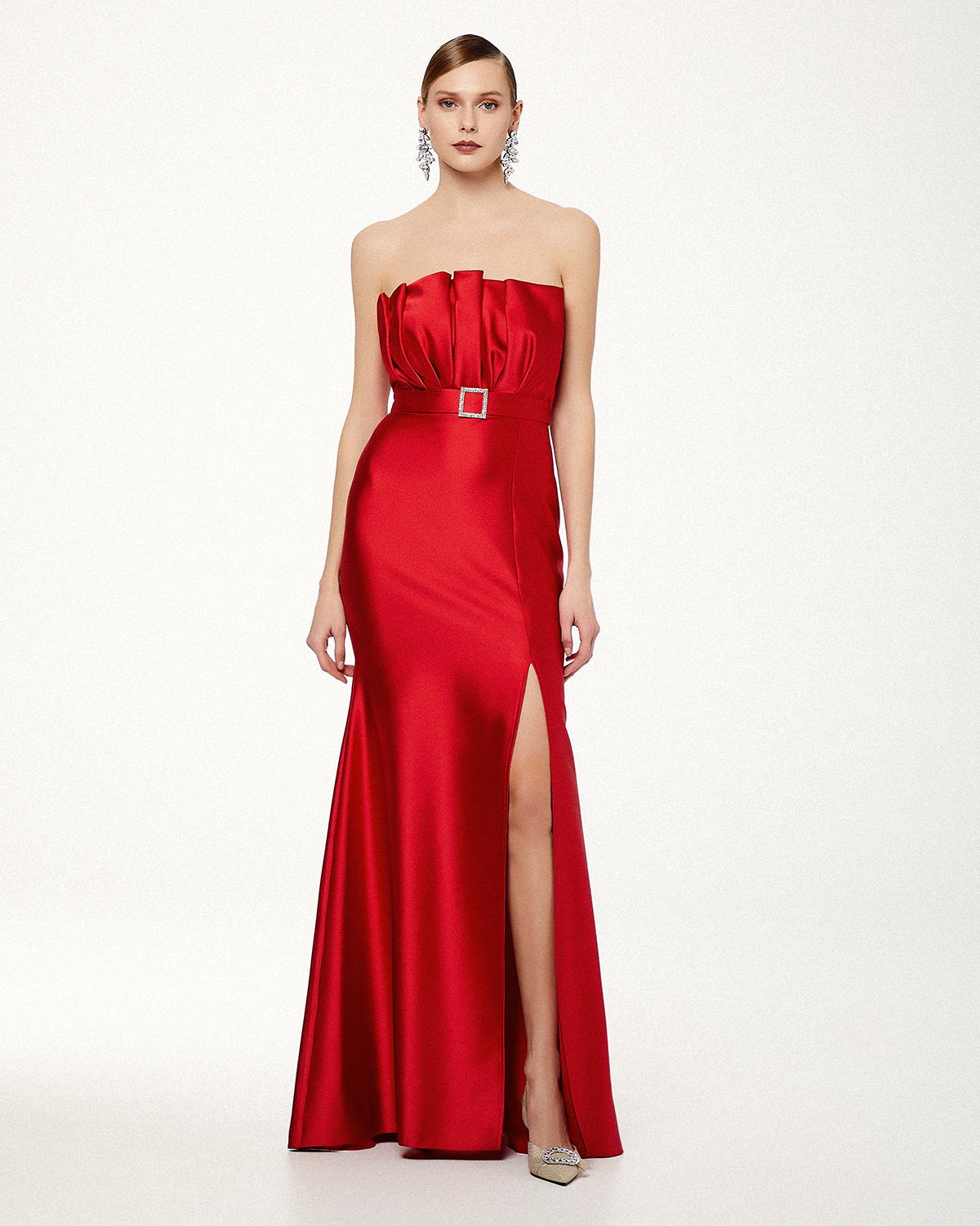 Cocktail long satin strapless dress with belt