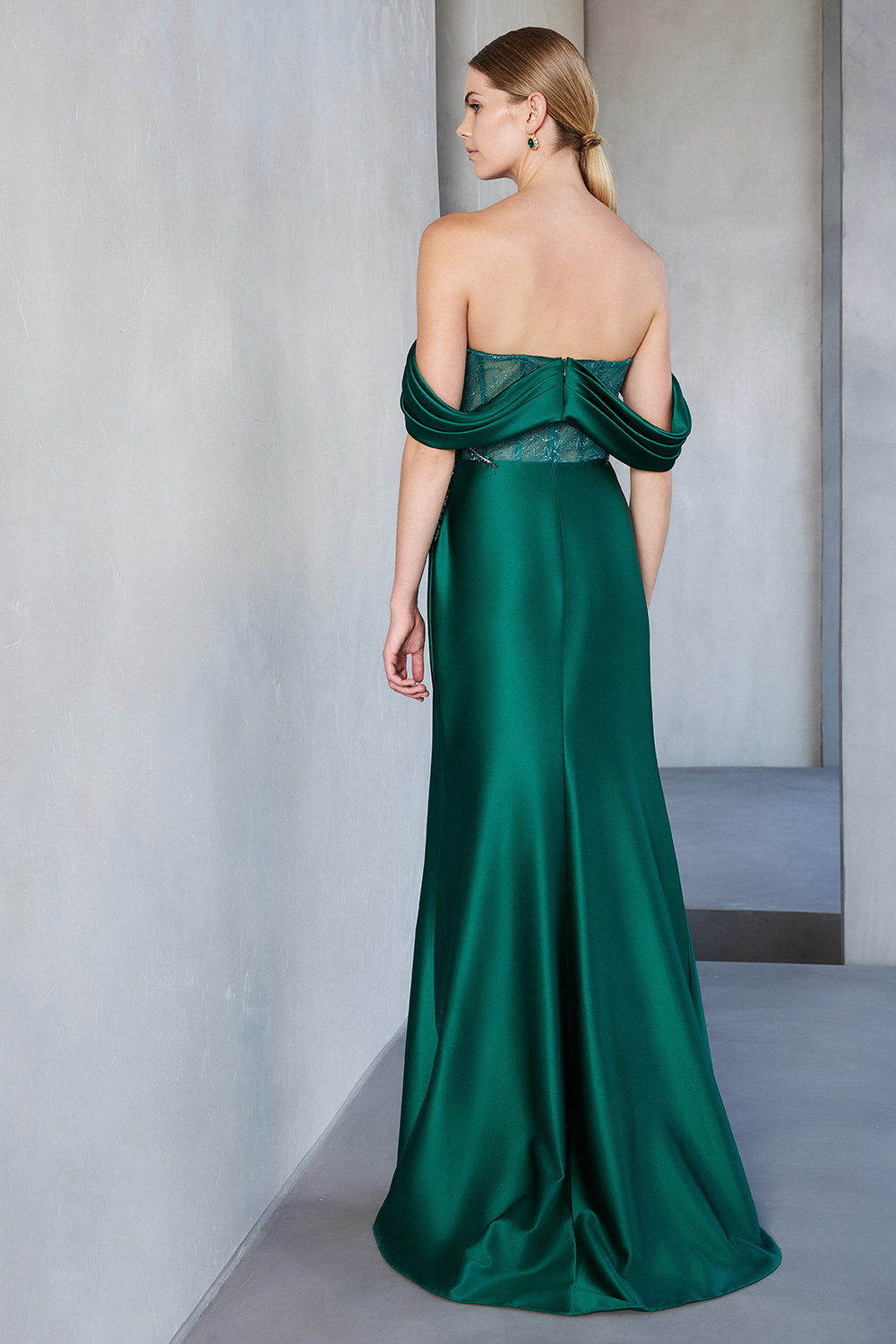 Long evening satin dress with lace and beading at the top