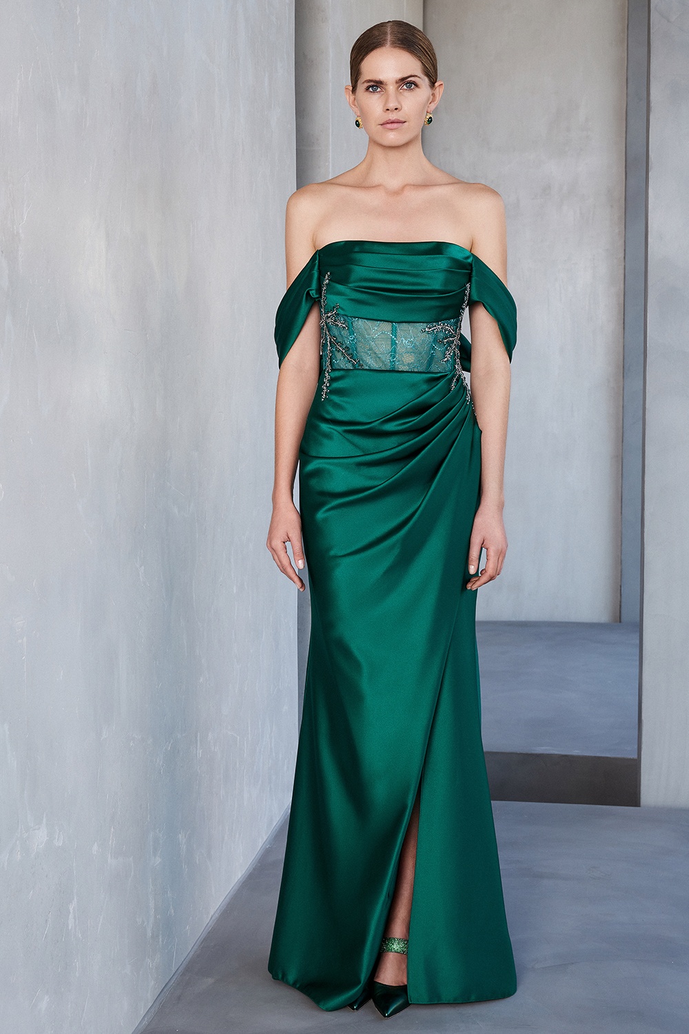 Long evening satin dress with lace and beading at the top