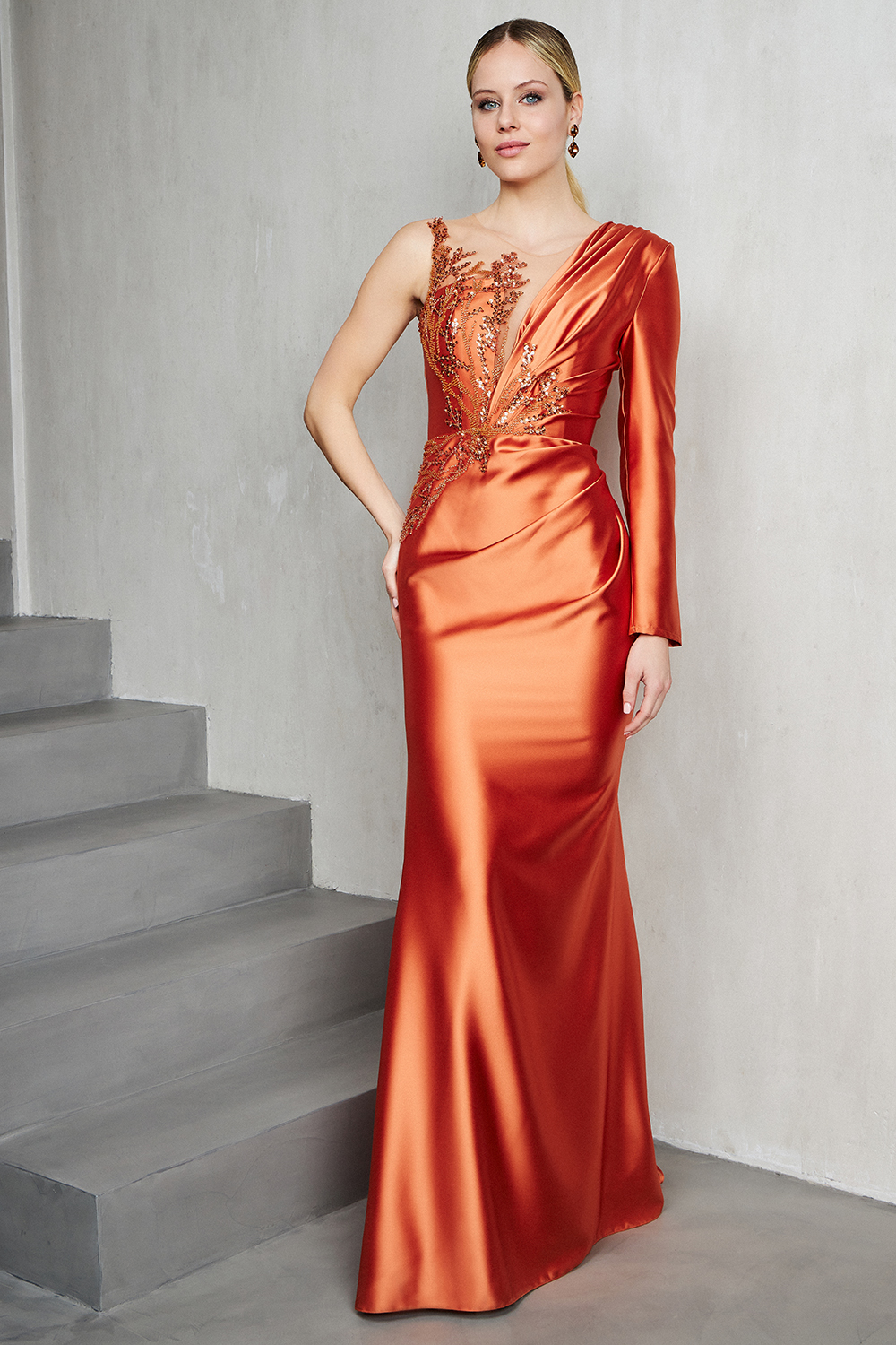 One shoulder satin dress with one long sleeve and beading