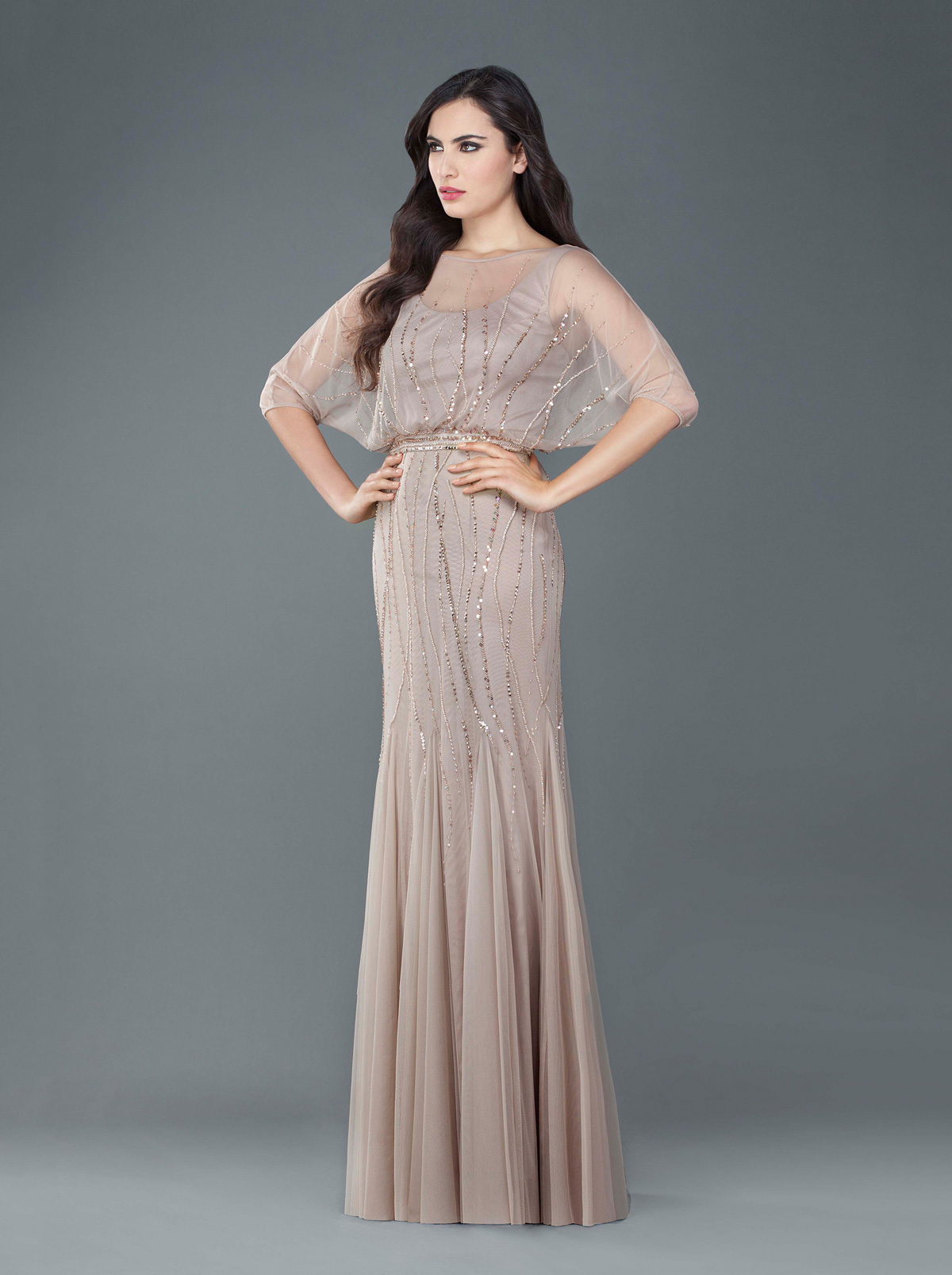 Evening Dresses / Evening long dress with beading and sleeves
